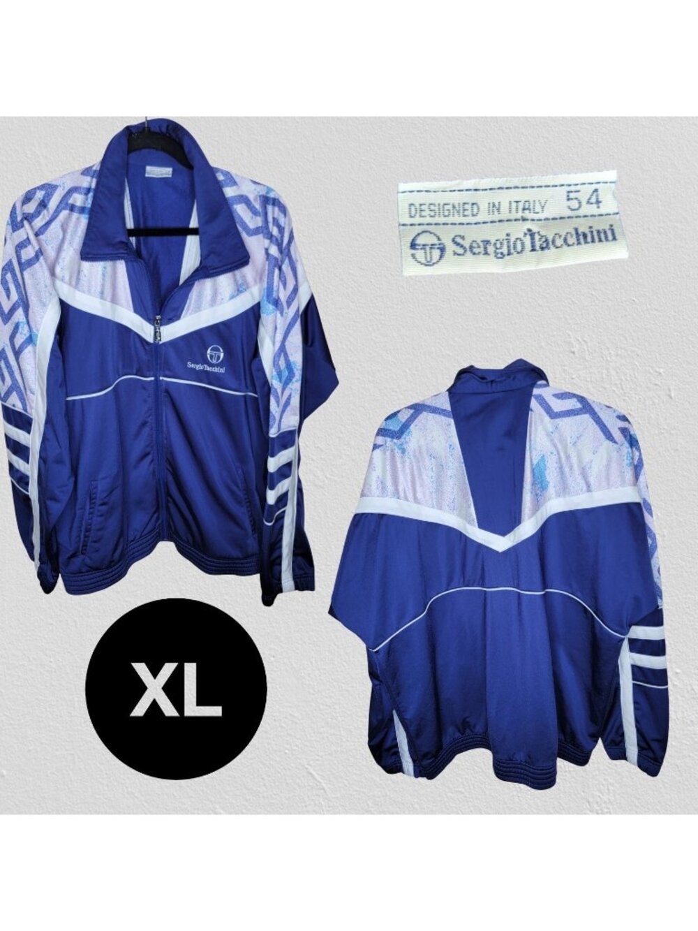 Vintage 90s Sergio Tacchini Windbreaker Jacket 54 White Blue Retro Full Zip XL